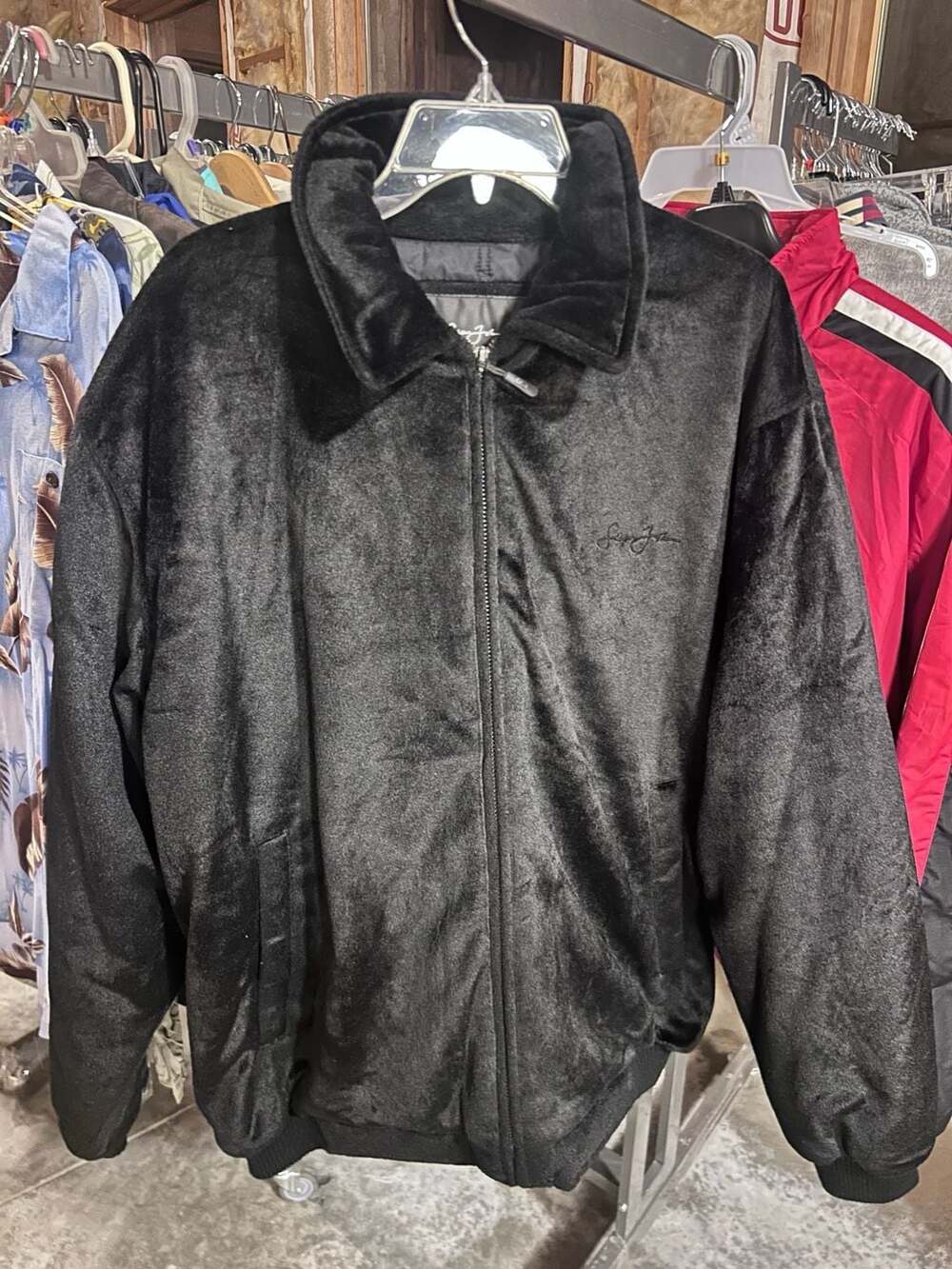 Sean John Vintage Black Velour Faux Fur Jacket XL with Large Back Logo